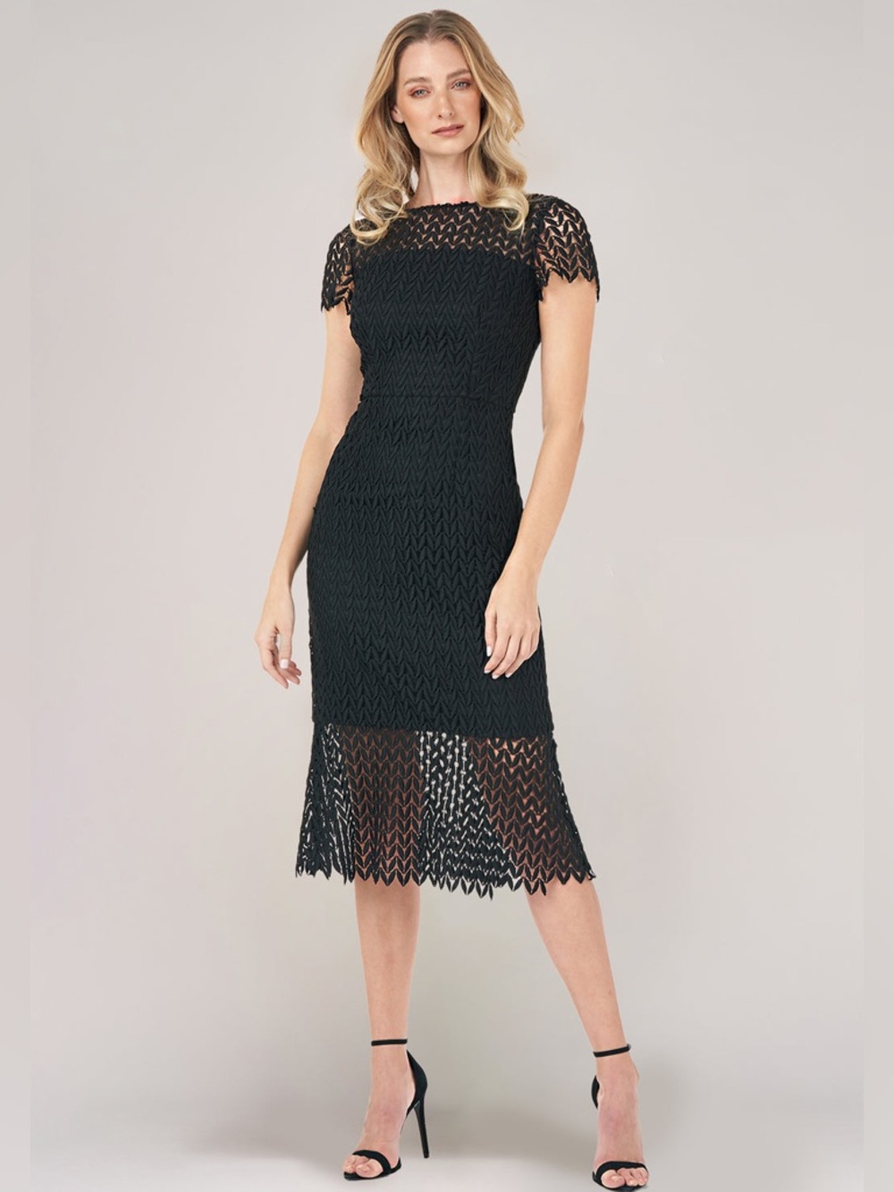 Kay Unger Tatum Black Lace Midi Dress Classic Elegant Cocktail Formal Wedding